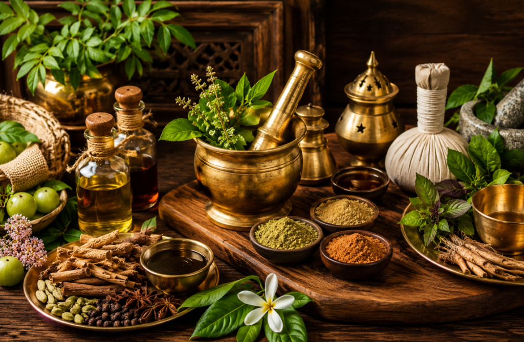 Traditional Ayurvedic herbs, spices, and wellness ingredients displayed on a wooden surface, symbolizing natural healing and holistic health.