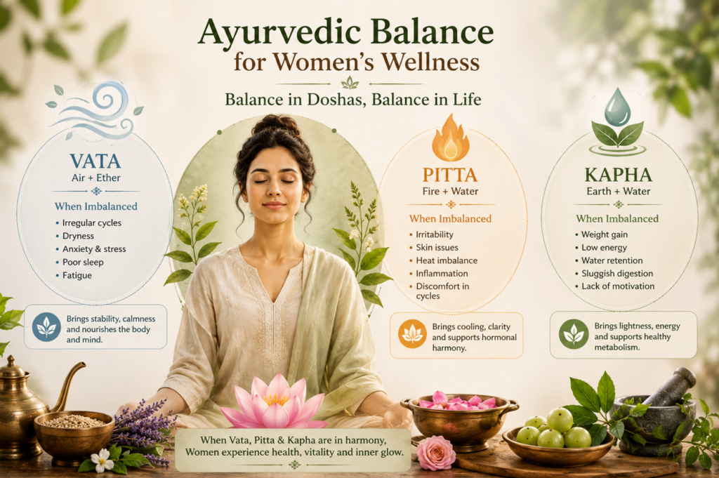 Illustration showing Vata, Pitta, and Kapha balance for women's health and Ayurvedic wellness