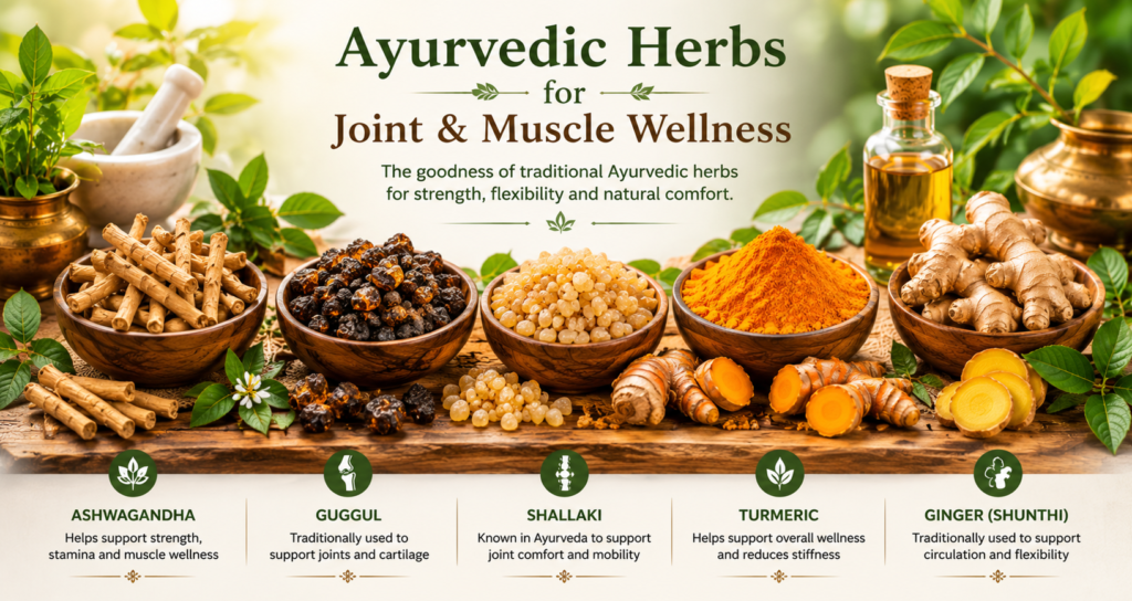Traditional Ayurvedic herbs including Ashwagandha, Guggul, Turmeric, Shallaki, and Bala for joint and muscle wellness