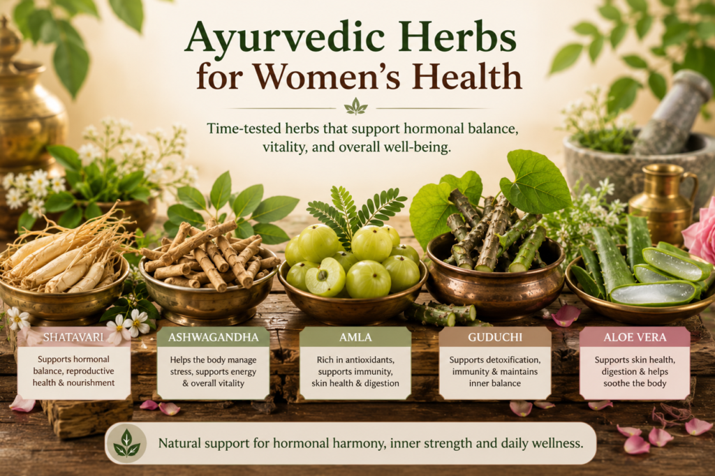 Ayurvedic herbs including Shatavari, Ashwagandha, Amla, Guduchi, and Aloe Vera for women's wellness support