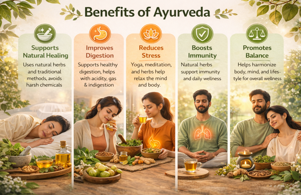 Infographic illustrating the key benefits of Ayurveda, including natural healing, improved digestion, stress relief, enhanced immunity, and holistic wellness.