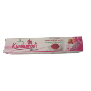 Main box and tube view of Nagarjuna Kumkumadi Cream, an Ayurvedic skin brightening formula with saffron and milk.