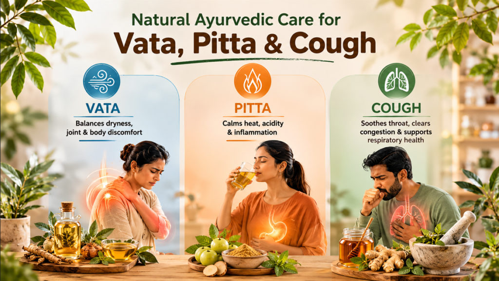 Illustration of the three Ayurvedic doshas: Vata, Pitta, and Kapha with their characteristics