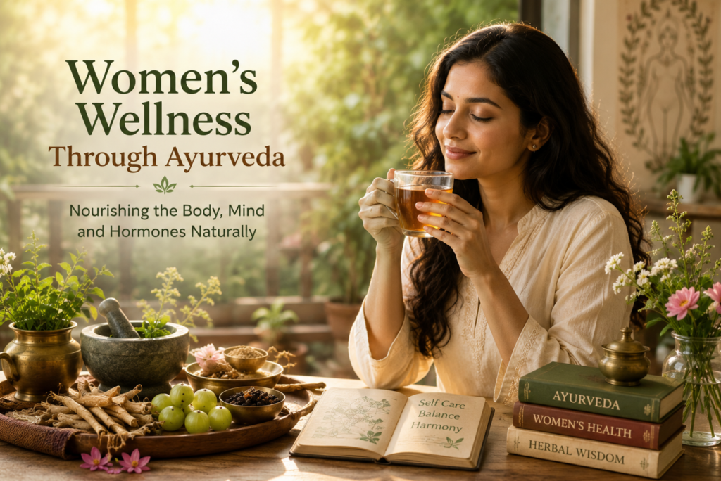Woman enjoying herbal tea and Ayurvedic lifestyle practices for women's wellness and hormonal balance