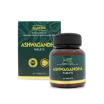 Outer box packaging and inner container view of Alarsin Ashwagandha Tablets, an Ayurvedic medicine for energy and stress relief.