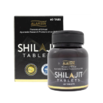 Outer box packaging and inner container view of Alarsin Shilajit Tablets, an Ayurvedic medicine for energy, stamina, and vitality.