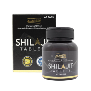 Outer box packaging and inner container view of Alarsin Shilajit Tablets, an Ayurvedic medicine for energy, stamina, and vitality.