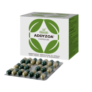 Main box and strip view of Charak Addyzoa Capsules, an Ayurvedic medicine for male sperm health and fertility.