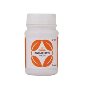 Sealed bottle packaging of Charak Pigmento Tablets, an Ayurvedic formulation for skin repigmentation.