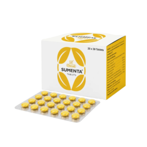 Outer box packaging and blister strip view of Charak Sumenta Tablets, an Ayurvedic medicine for stress and anxiety relief.