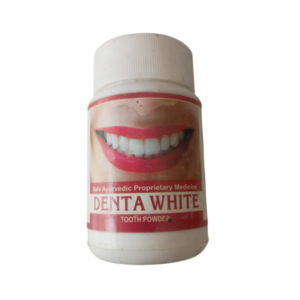 Container bottle view of MCHC Denta White Tooth Powder for oral hygiene and teeth whitening.
