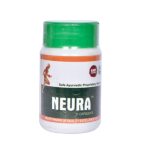 Sealed bottle packaging view of Maa Chamunda Neura Capsules, an Ayurvedic formulation for nerve health and pain relief.
