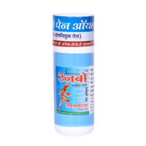 Bottle packaging view of Maa Chamunda Rainbow Oil, an Ayurvedic herbal massage oil for joint and muscle pain relief.