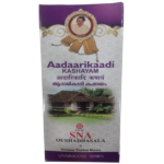 SNA Aadaarikaadi Kashayam bottle box packaging, an Ayurvedic herbal decoction for heel pain, calcaneal spur, and joint stiffness.