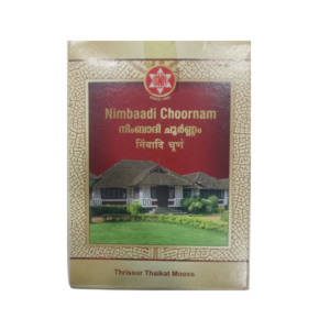 SNA Nimbaadi Choornam container packaging box, a classical Ayurvedic herbal powder for skin diseases, eczema, and blood purification.