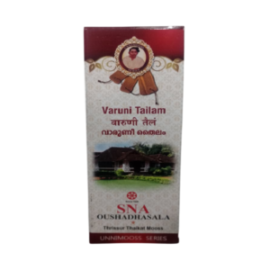 SNA Varuni Tailam bottle packaging, an Ayurvedic medicated oil for skin diseases, inflammation, and itch relief.